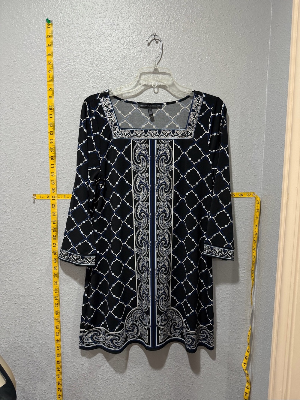 White House Black Market Blue Paisley Border Print Tunic Dress Size Large